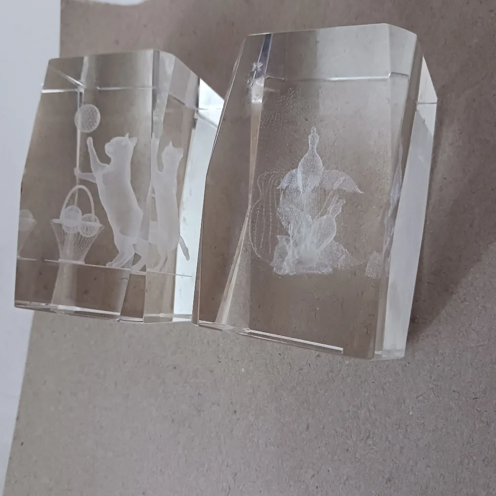 1#Crystal Glass Blocks with Etched Designs Cat&birds Heavy Paperweights - Picture 3 of 8